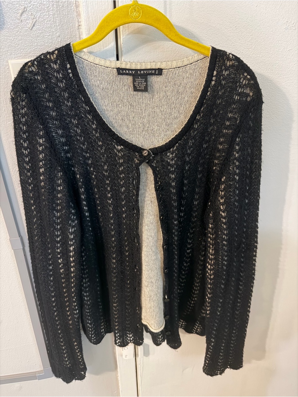 Larry Levine • Lightweight Open-Knit Cardigan Sweater • Size L, Black & Beige